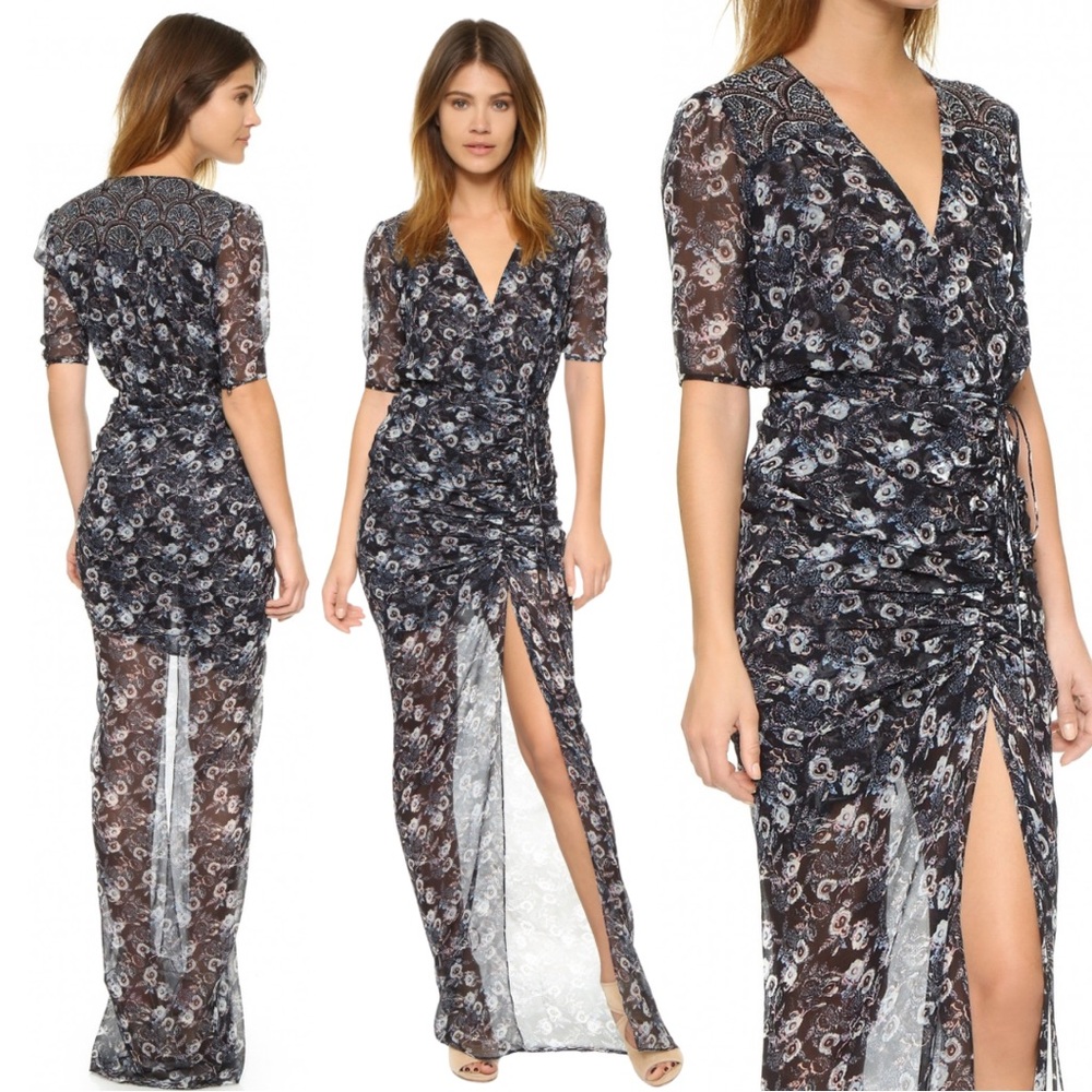 Veronica Beard Womens Dominga Drawstring Maxi Dress Floral-Print Ruched In Black